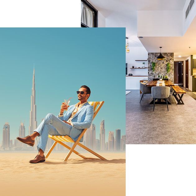 Owner relaxing in a deckchair with the Dubai skyline behind