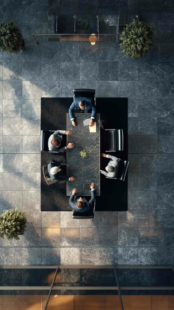 Dining table set for guests, seen from above