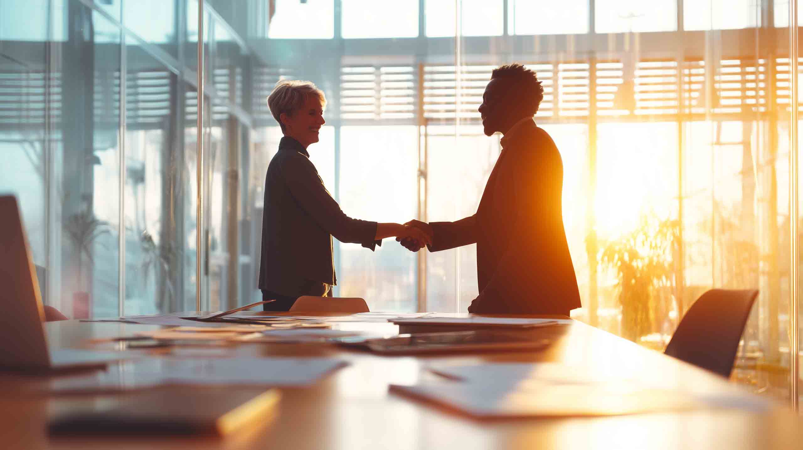 Two professionals shaking hands across a desk
