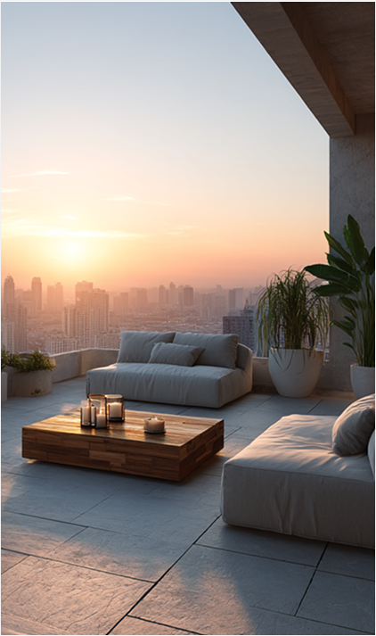 Rooftop terrace with lounge seating at sunset
